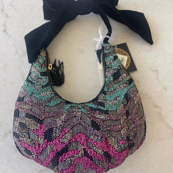 From India To You Handbags - Beaded Multicolor Women's Shoulder Bag - Black Velvet Tie